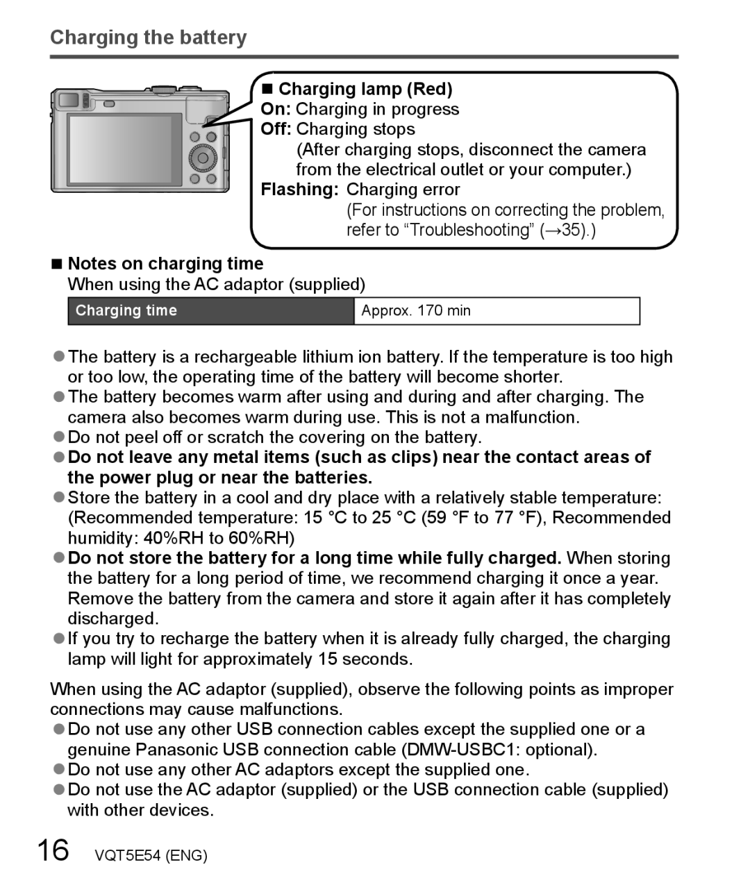 Panasonic DMC-ZS40 owner manual Charging the battery, Charging lamp Red 