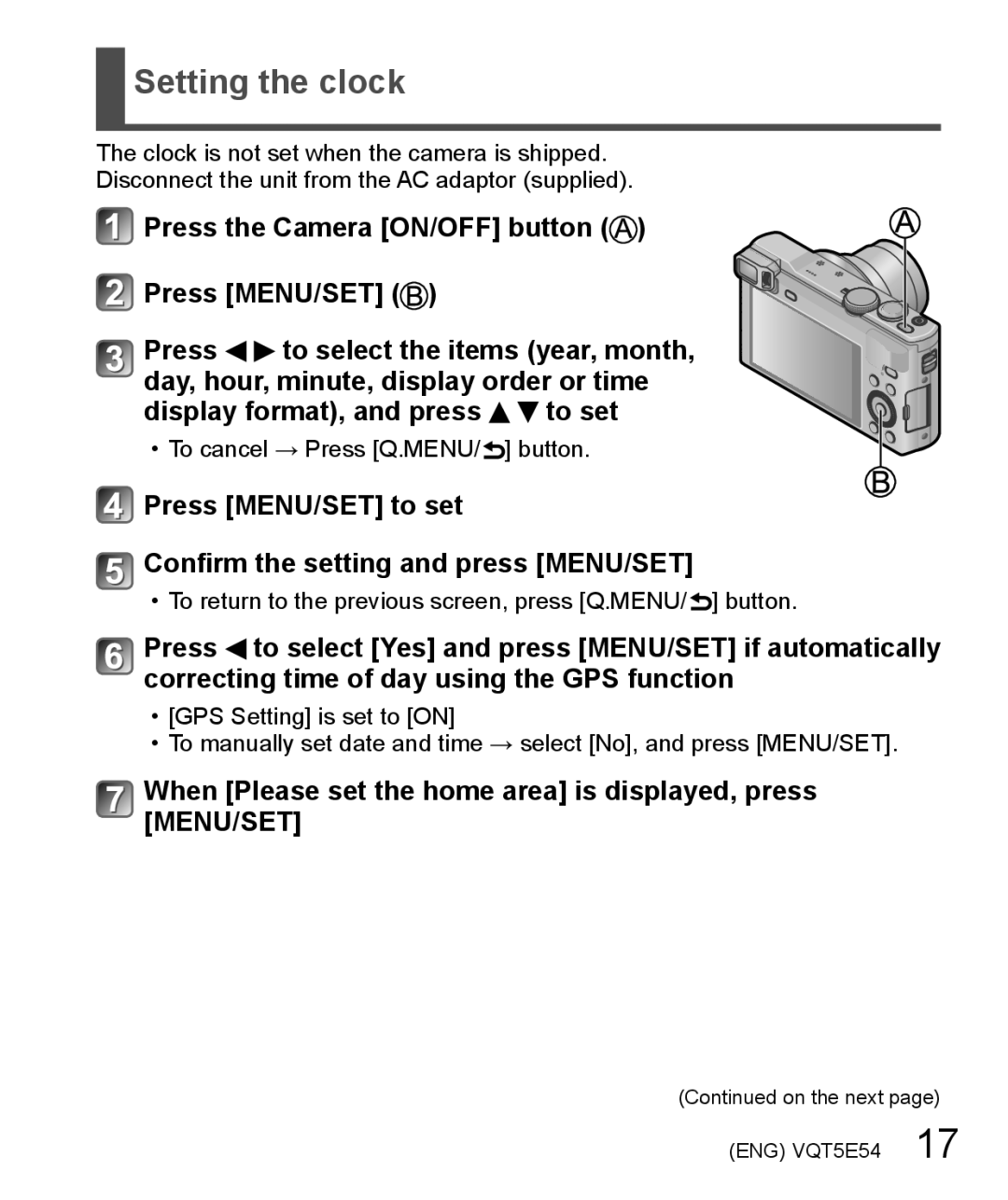 Panasonic DMC-ZS40 Setting the clock, Press the Camera ON/OFF button Press MENU/SET, Display format, and press To set 