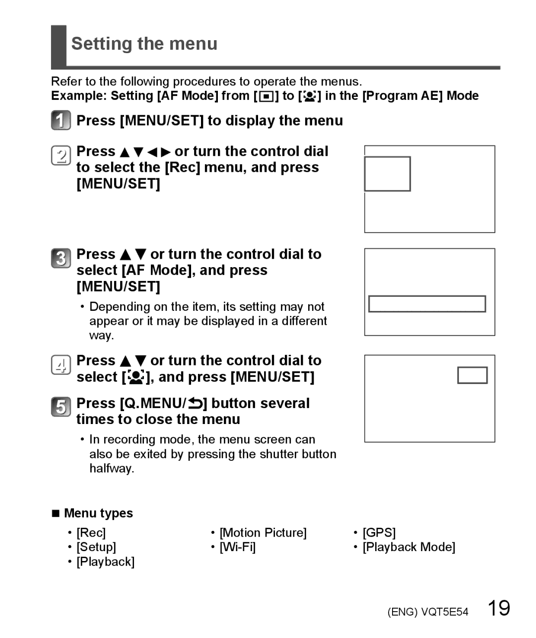 Panasonic DMC-ZS40 owner manual Setting the menu, Example Setting AF Mode from to in the Program AE Mode, Menu types 