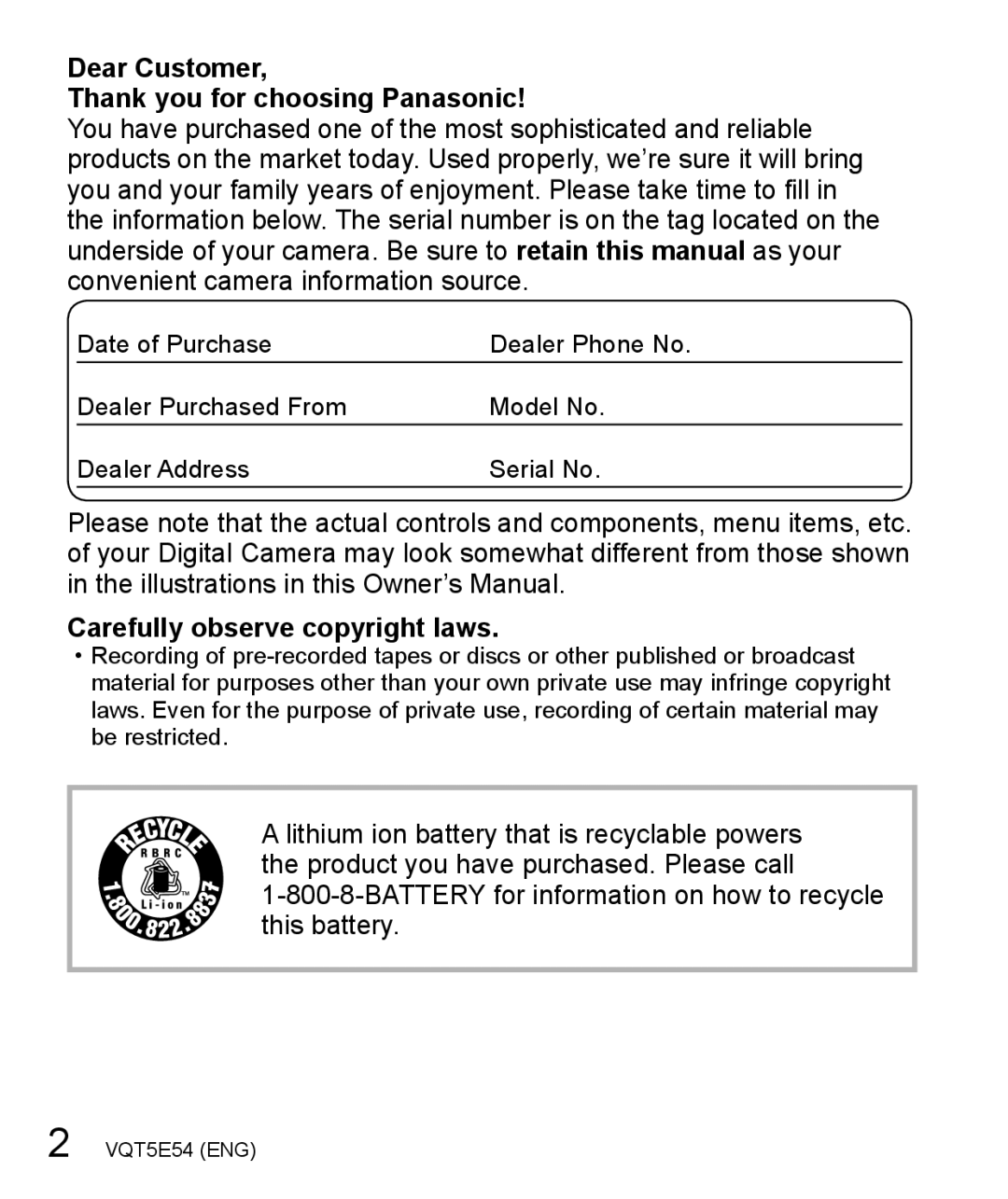 Panasonic DMC-ZS40 owner manual Dear Customer Thank you for choosing Panasonic, Carefully observe copyright laws 