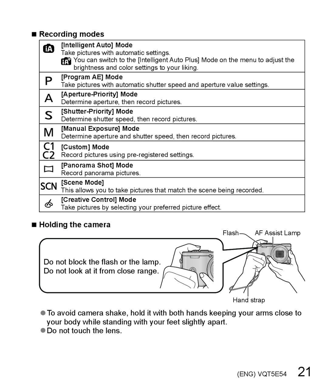 Panasonic DMC-ZS40 owner manual Recording modes, Holding the camera 