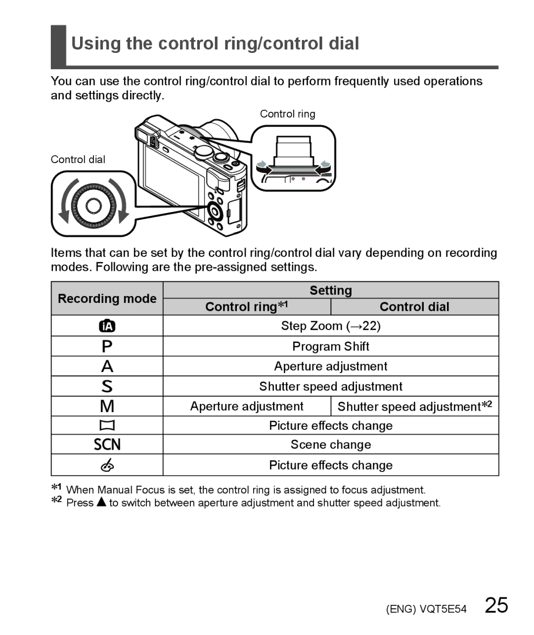 Panasonic DMC-ZS40 owner manual Using the control ring/control dial, Recording mode, Setting 