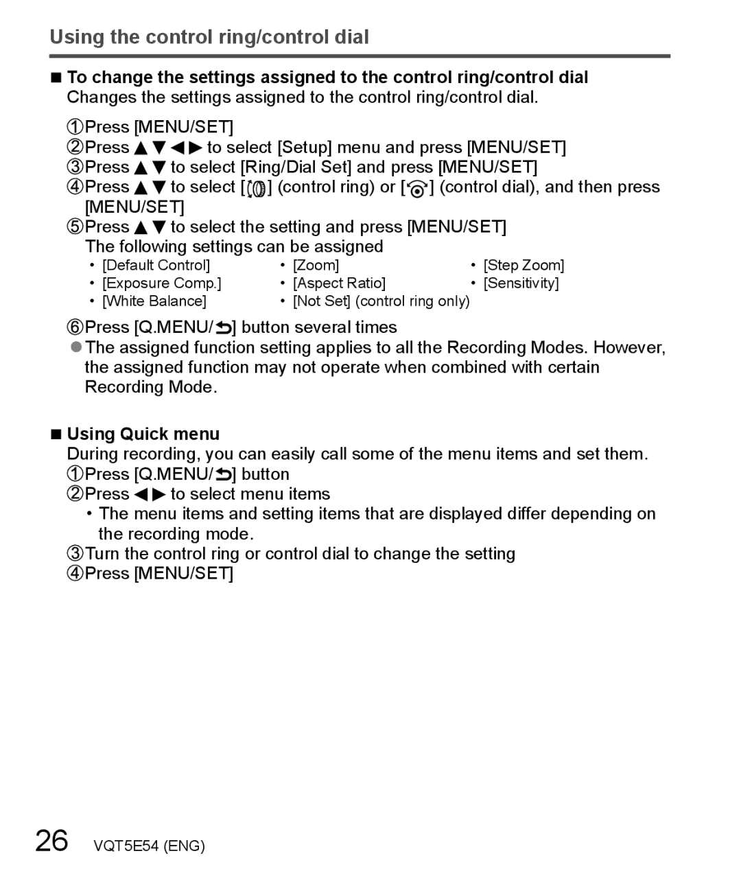 Panasonic DMC-ZS40 owner manual Using the control ring/control dial, Using Quick menu 