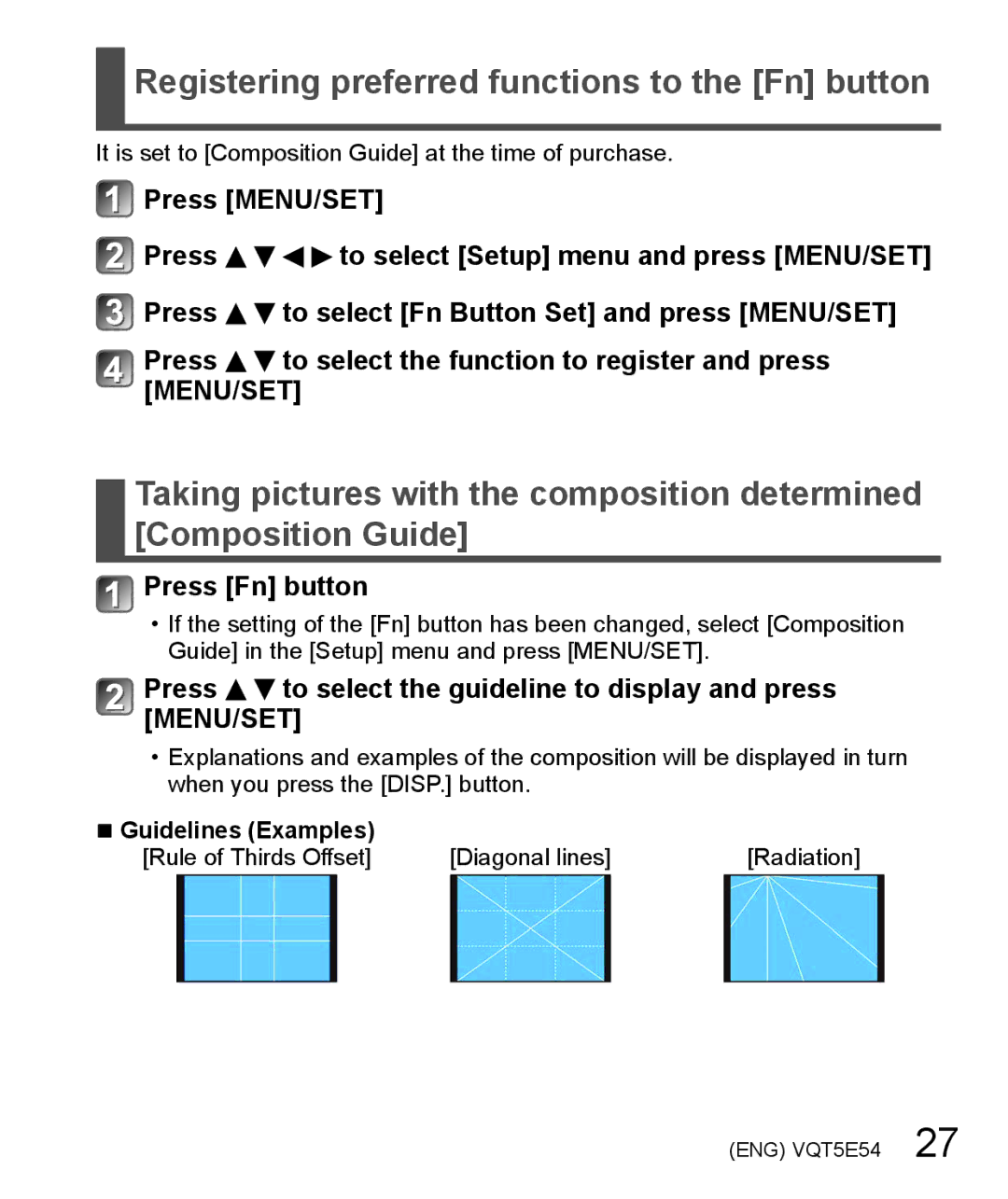 Panasonic DMC-ZS40 owner manual Registering preferred functions to the Fn button, Press Fn button, Guidelines Examples 