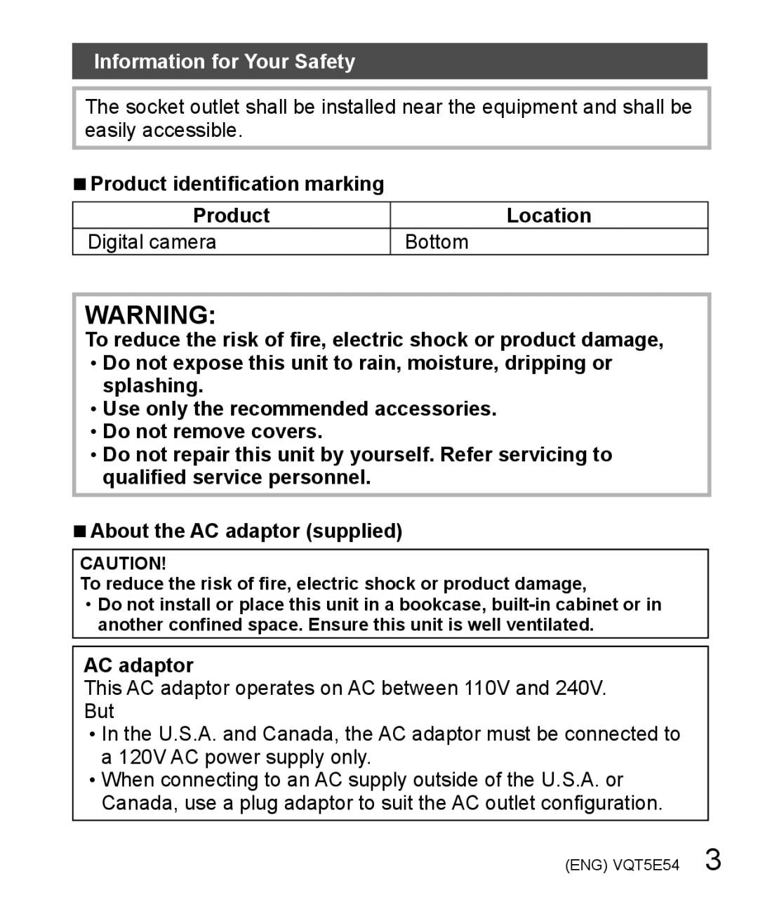 Panasonic DMC-ZS40 owner manual Product identification marking Location, AC adaptor 