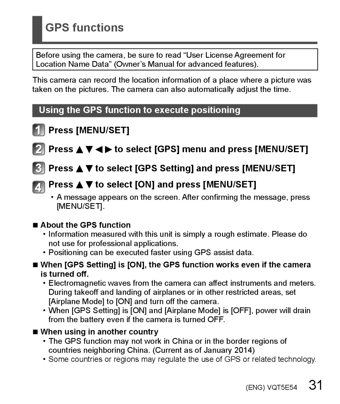 Panasonic DMC-ZS40 GPS functions, Press MENU/SET Press to select GPS menu and press MENU/SET, About the GPS function 