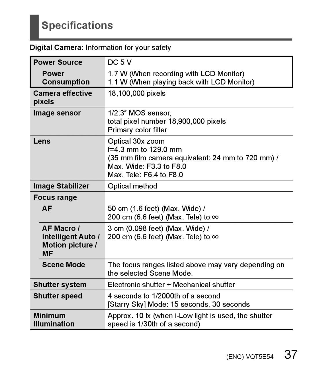 Panasonic DMC-ZS40 owner manual Specifications 