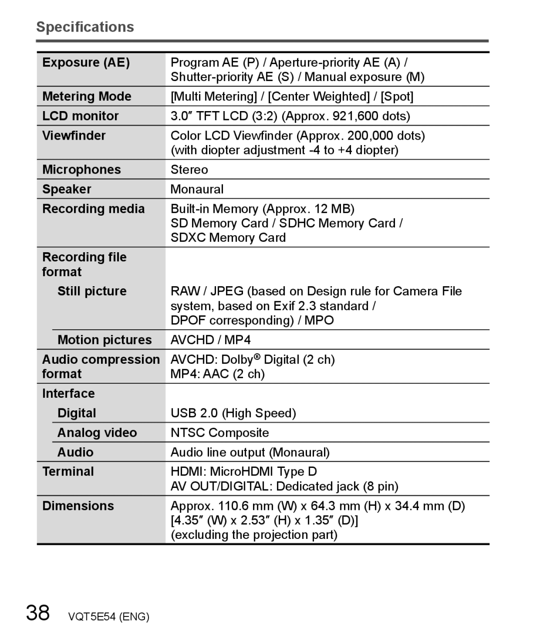 Panasonic DMC-ZS40 owner manual Specifications 