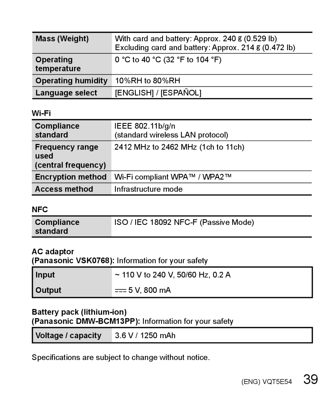 Panasonic DMC-ZS40 owner manual English / Español, Voltage / capacity 3.6 V / 1250 mAh 