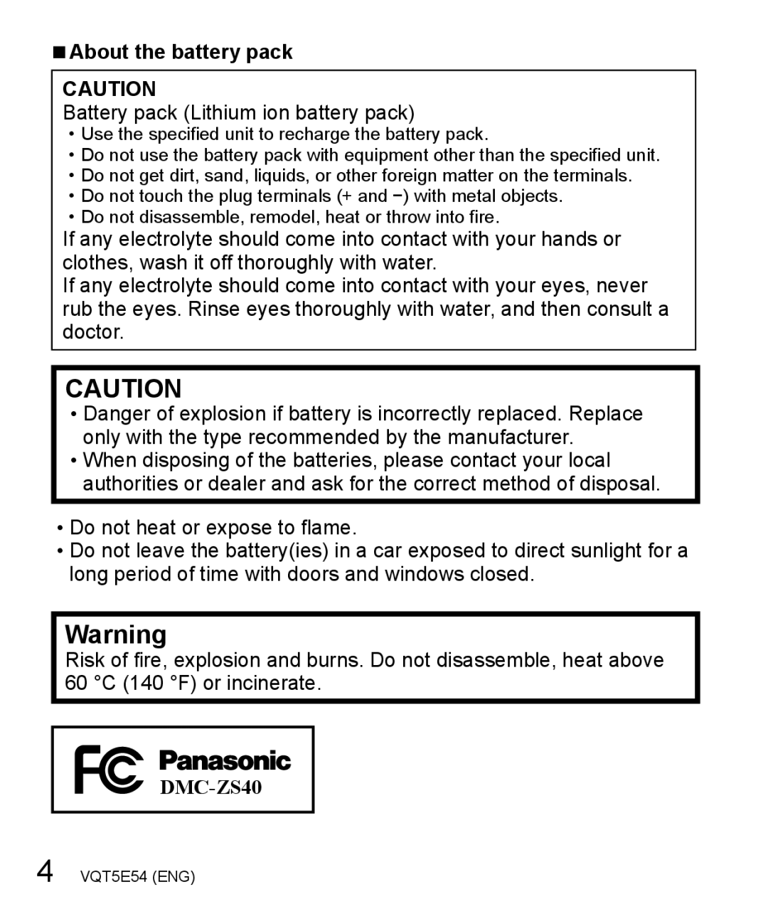 Panasonic DMC-ZS40 owner manual About the battery pack, Battery pack Lithium ion battery pack 