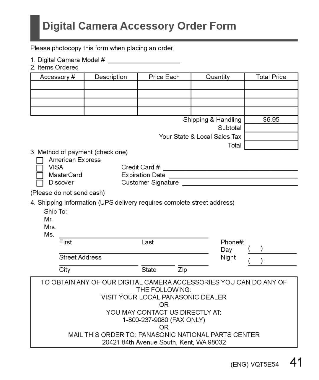 Panasonic DMC-ZS40 owner manual Digital Camera Accessory Order Form, Visa 