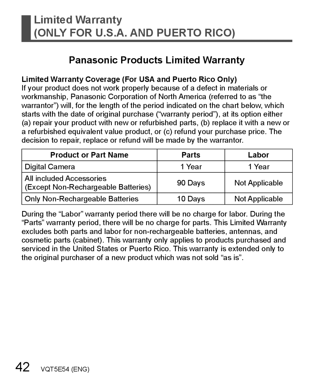 Panasonic DMC-ZS40 Limited Warranty Coverage For USA and Puerto Rico Only, Product or Part Name Parts Labor 