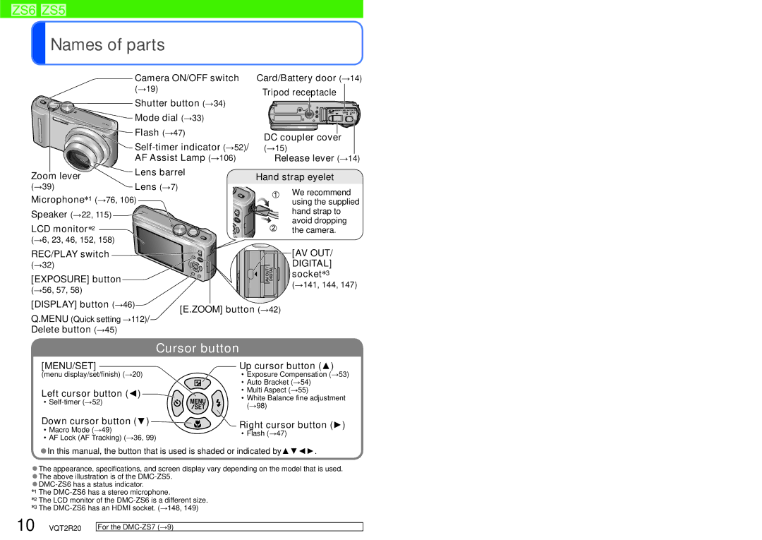 Panasonic DMC-ZS6 Camera ON/OFF switch Card/Battery door →14, AF Assist Lamp →106, Microphone ∗ 1 →76, LCD monitor ∗ 