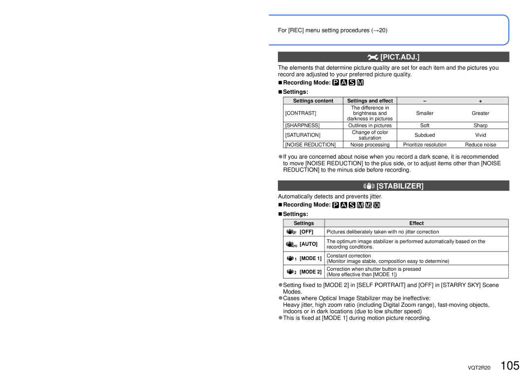 Panasonic DMC-ZS6 operating instructions Pict.Adj, Stabilizer, Automatically detects and prevents jitter 