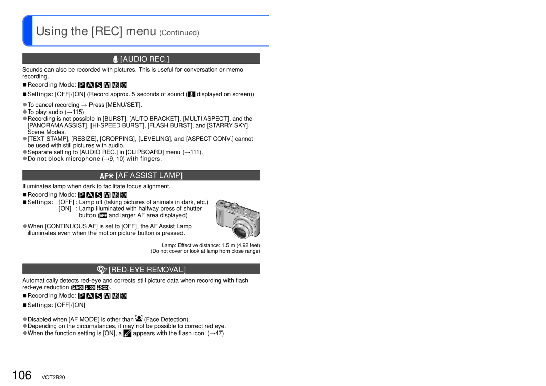 Panasonic DMC-ZS6 Audio REC, AF Assist Lamp, RED-EYE Removal, Illuminates lamp when dark to facilitate focus alignment 