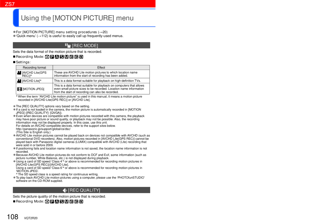 Panasonic DMC-ZS6 Using the Motion Picture menu, REC Mode, For Motion Picture menu setting procedures →20 