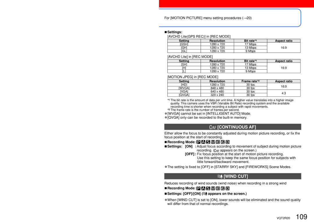 Panasonic DMC-ZS6 operating instructions Continuous AF, Wind CUT, Recording Mode Settings OFF/ON appears on the screen 