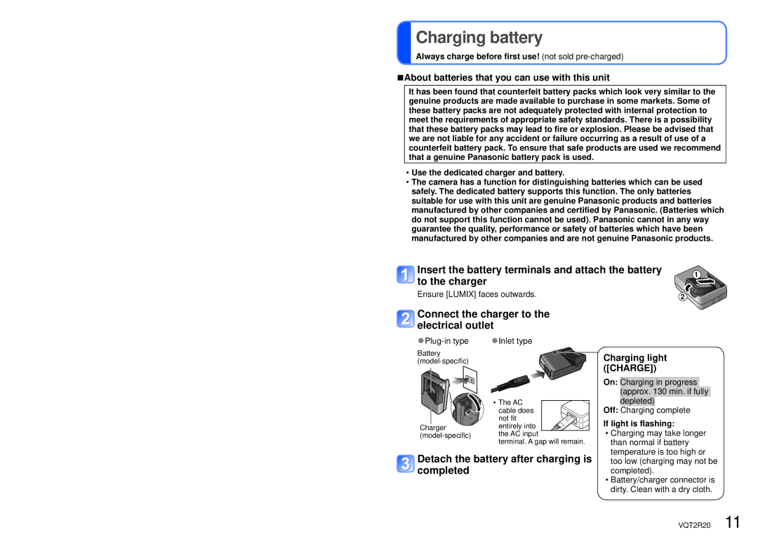 Panasonic DMC-ZS6 Charging battery, Connect the charger to the electrical outlet, Charging light Charge 