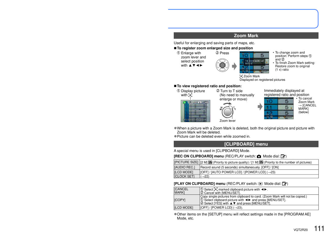 Panasonic DMC-ZS6 operating instructions Zoom Mark, Clipboard menu, To register zoom enlarged size and position 