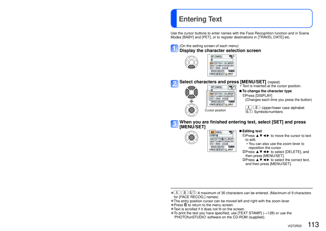 Panasonic DMC-ZS6 Entering Text, MENU/SET repeat, Text is inserted at the cursor position, To change the character type 