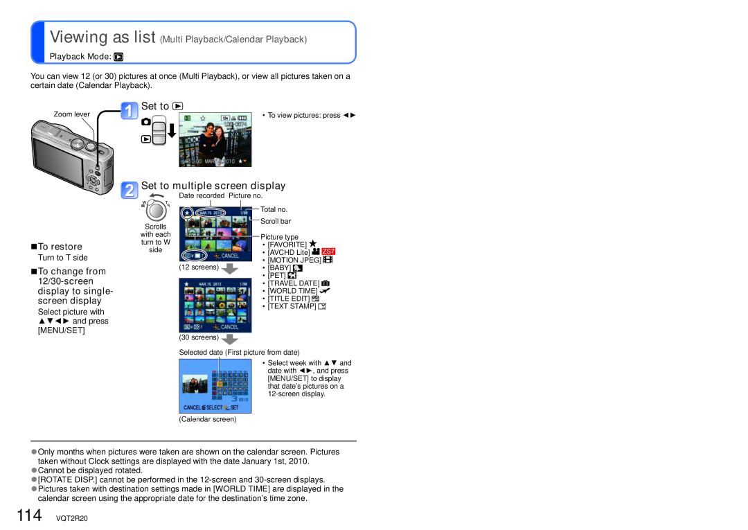 Panasonic DMC-ZS6 operating instructions Set to multiple screen display, To restore, Select picture with and press MENU/SET 