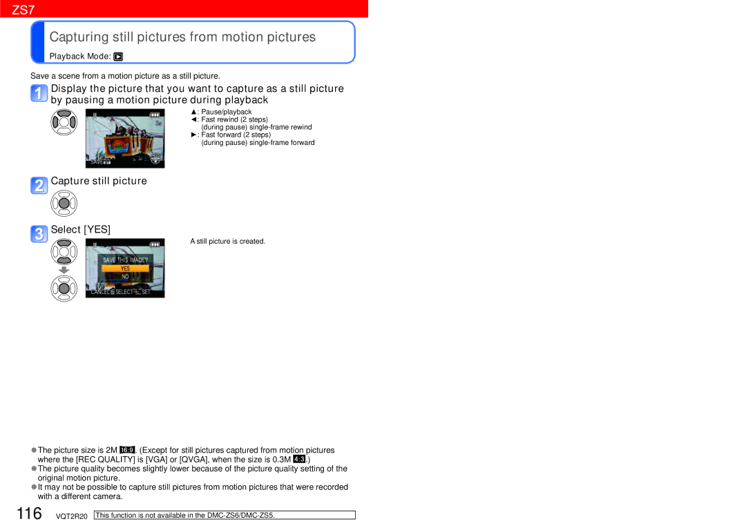 Panasonic DMC-ZS6 operating instructions Capturing still pictures from motion pictures, Capture still picture Select YES 