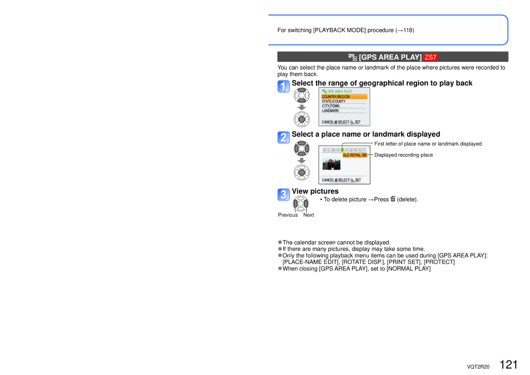 Panasonic DMC-ZS6 GPS Area Play, For switching Playback Mode procedure →118, To delete picture →Press delete 