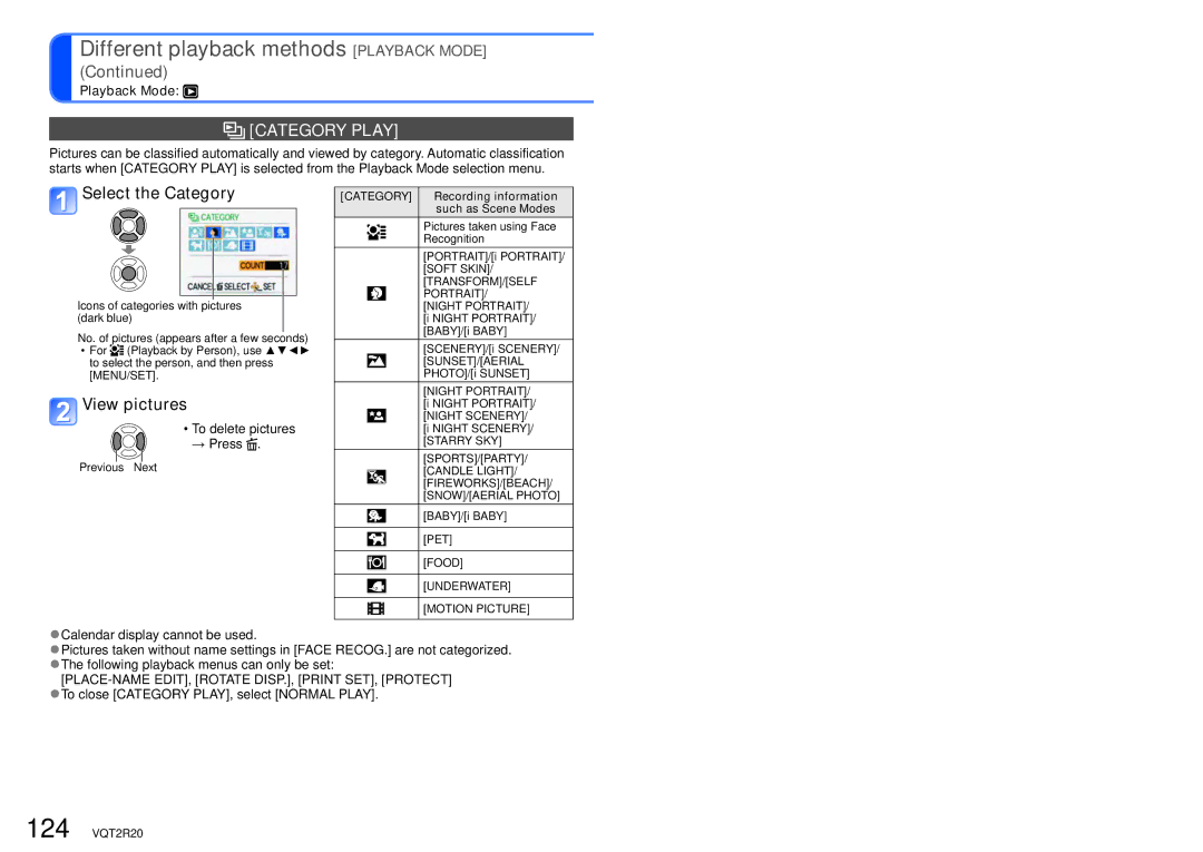 Panasonic DMC-ZS6 operating instructions Category Play, Select the Category, To delete pictures → Press 