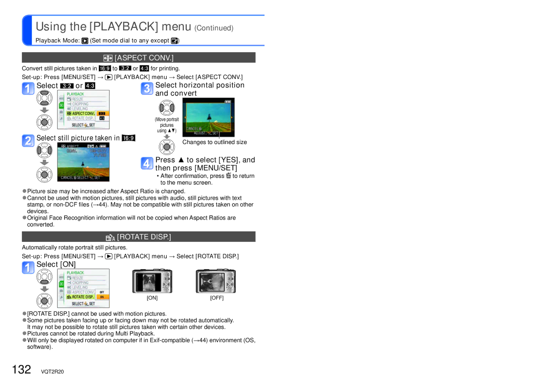 Panasonic DMC-ZS6 operating instructions Rotate Disp, Set-up Press MENU/SET → Playback menu → Select Aspect Conv 