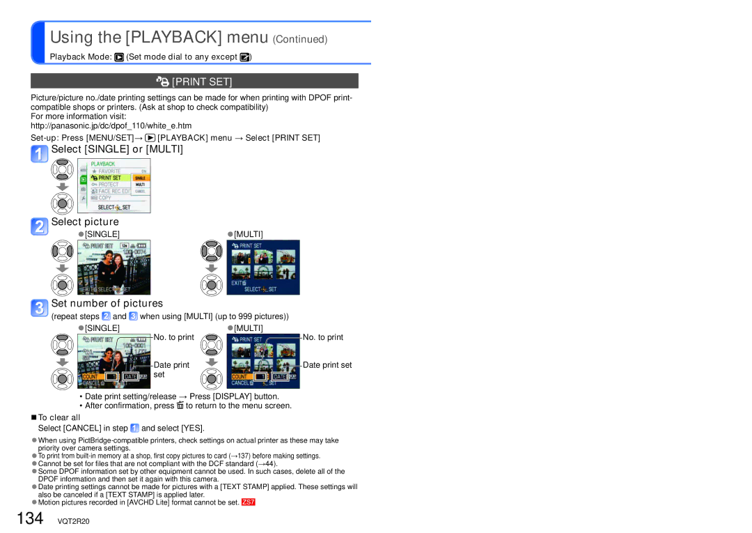 Panasonic DMC-ZS6 operating instructions Print SET, Select Single or Multi Select picture, Set number of pictures 