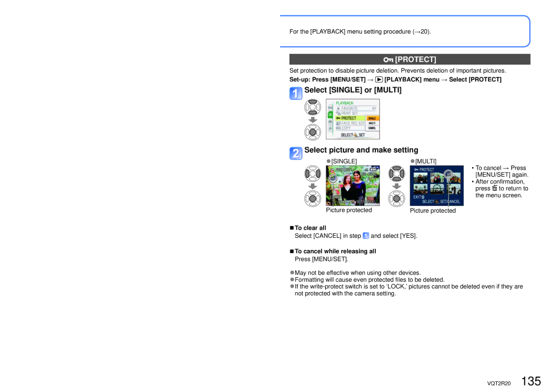 Panasonic DMC-ZS6 operating instructions Protect, Select Single or Multi Select picture and make setting 
