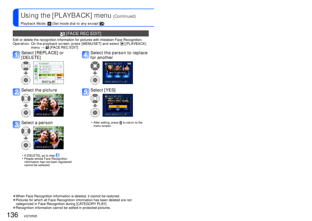 Panasonic DMC-ZS6 Face REC Edit, Select Replace or, For another, Select the picture Select YES Select a person 