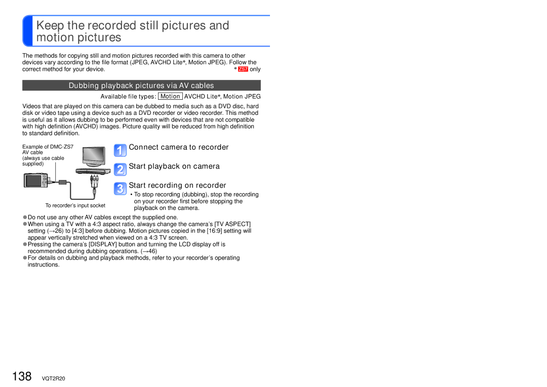 Panasonic DMC-ZS6 Keep the recorded still pictures and motion pictures, Dubbing playback pictures via AV cables 