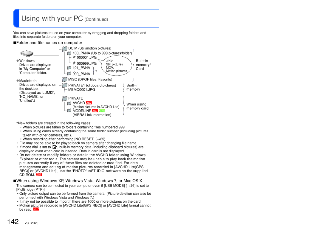 Panasonic DMC-ZS6 Folder and file names on computer, When using Windows XP, Windows Vista, Windows 7, or Mac OS, Private 