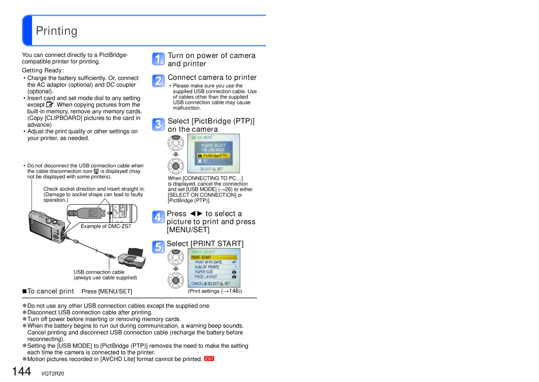 Panasonic DMC-ZS6 operating instructions Printing, Select PictBridge PTP on the camera, To cancel print Press MENU/SET 