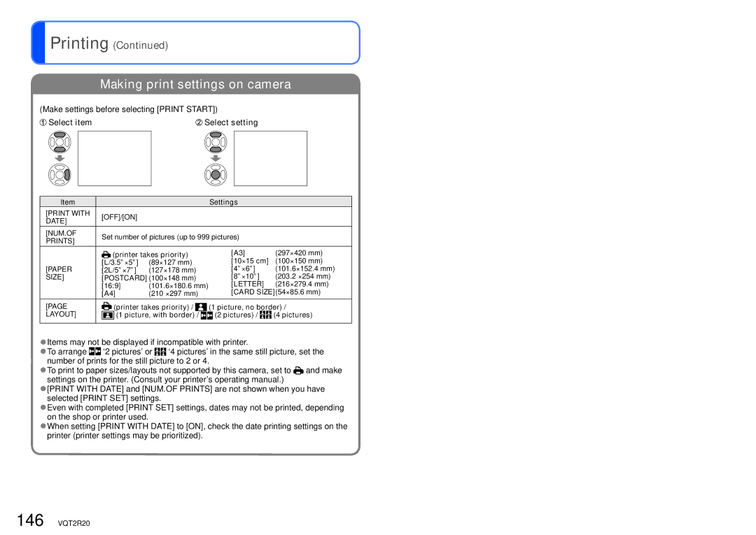 Panasonic DMC-ZS6 operating instructions Make settings before selecting Print Start, Select item, Letter 