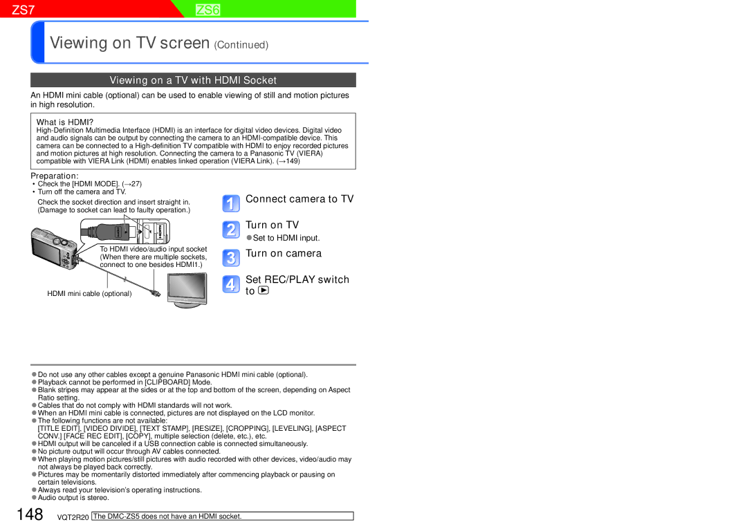 Panasonic DMC-ZS6 operating instructions Viewing on a TV with Hdmi Socket, What is HDMI?, Preparation, Set to Hdmi input 