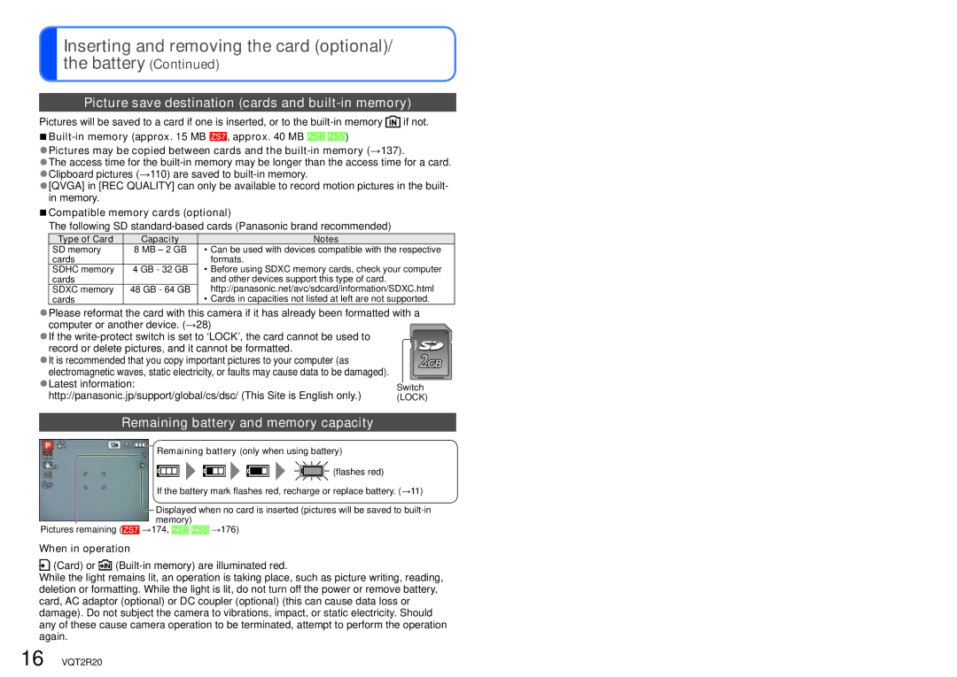 Panasonic DMC-ZS6 Inserting and removing the card optional Battery, Picture save destination cards and built-in memory 