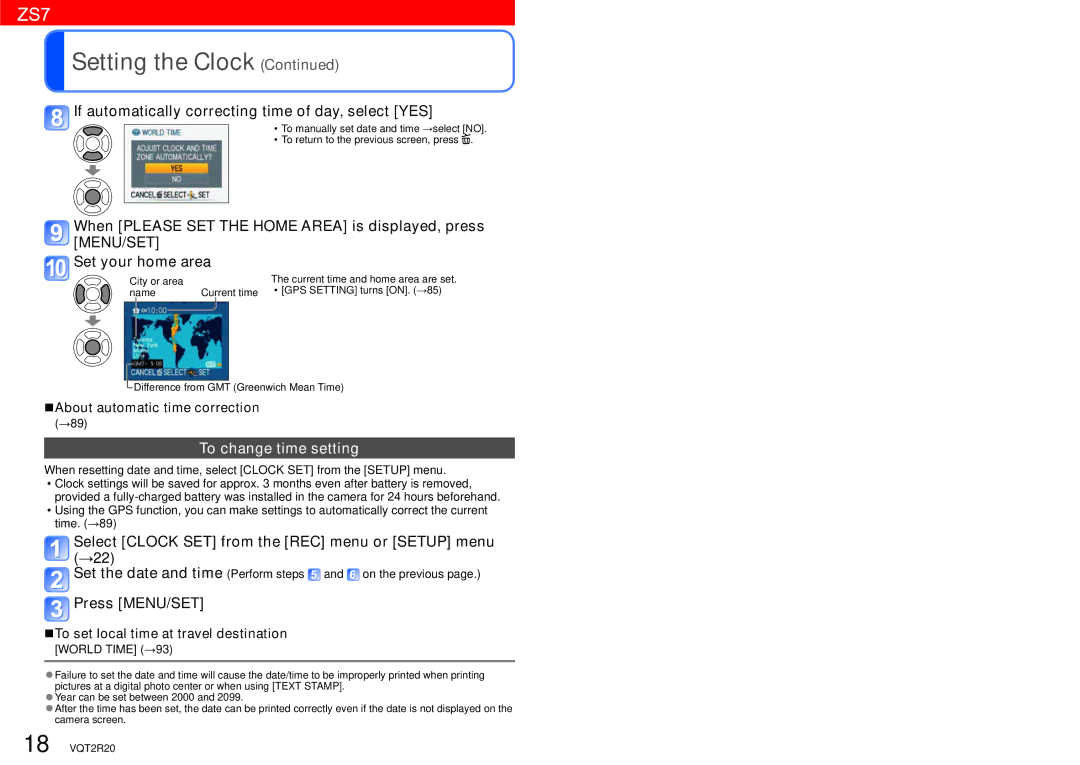 Panasonic DMC-ZS6 operating instructions If automatically correcting time of day, select YES, To change time setting 