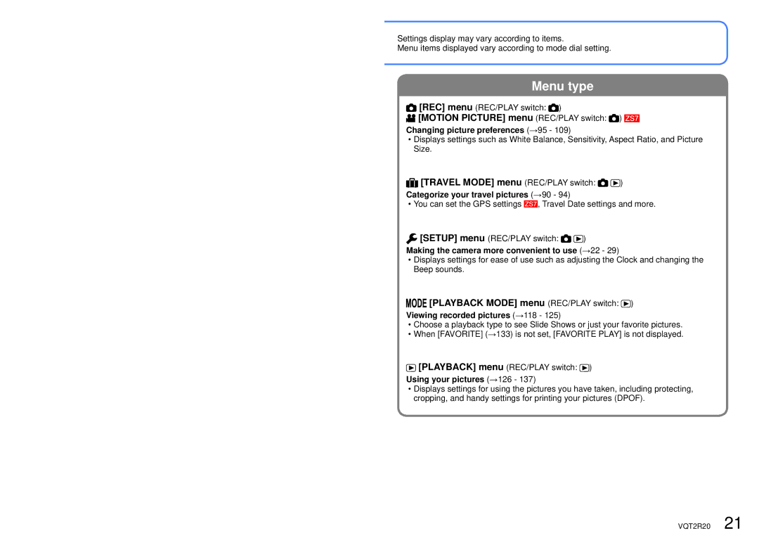 Panasonic DMC-ZS6 operating instructions Motion Picture menu REC/PLAY switch, Travel Mode menu REC/PLAY switch 