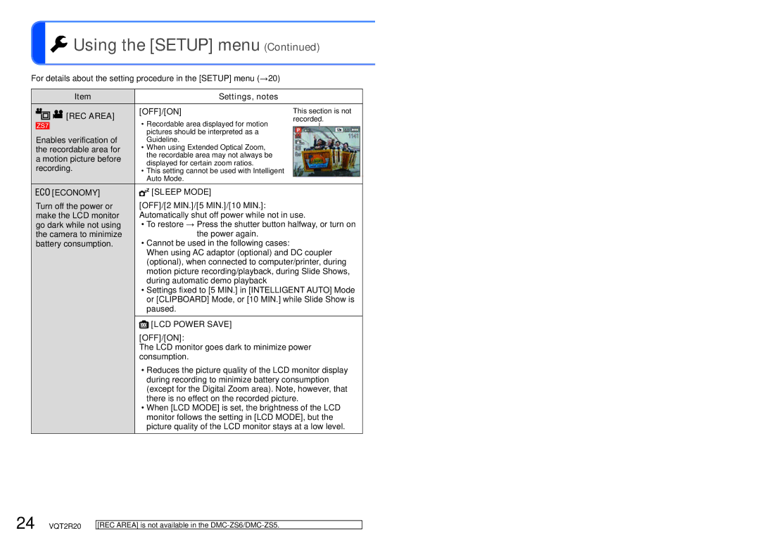 Panasonic DMC-ZS6 operating instructions REC Area, Economy Sleep Mode, OFF/2 MIN./5 MIN./10 MIN, LCD Power Save OFF/ON 