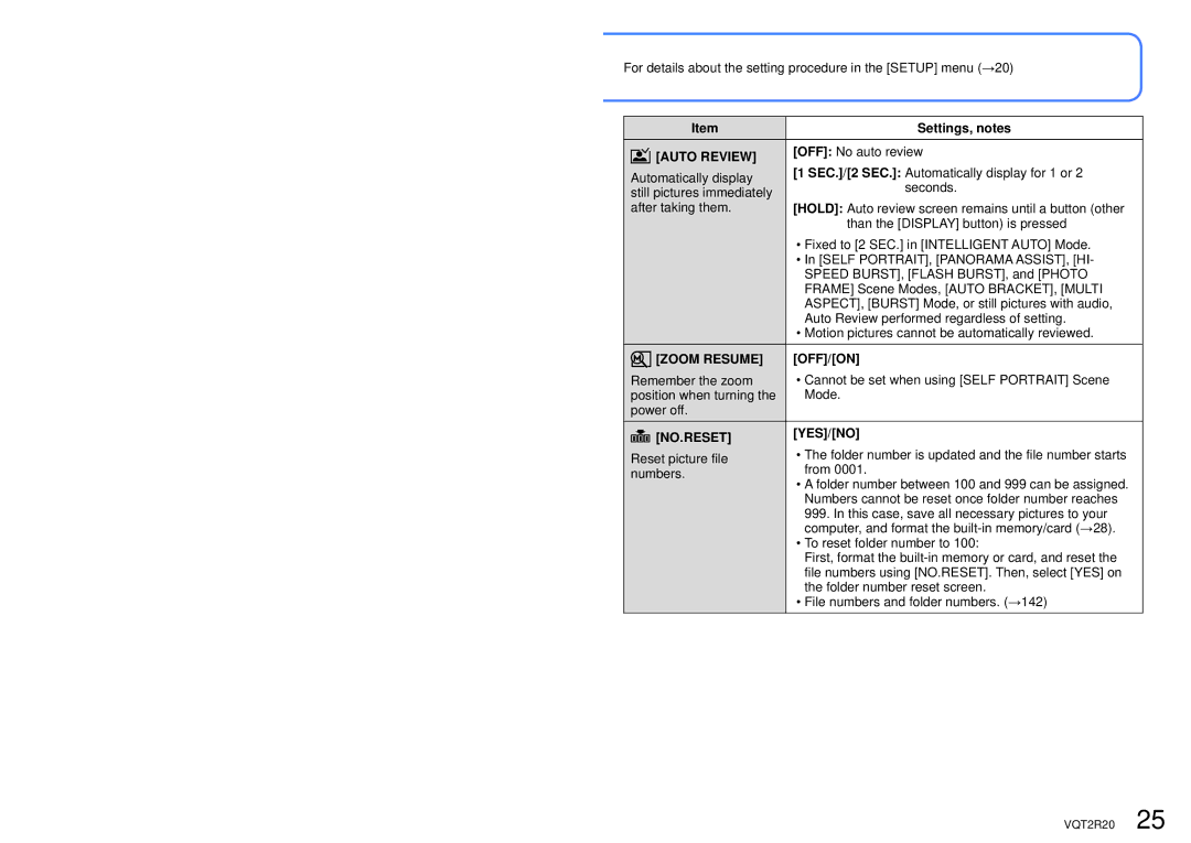 Panasonic DMC-ZS6 operating instructions Auto Review, Zoom Resume, No.Reset, Yes/No 