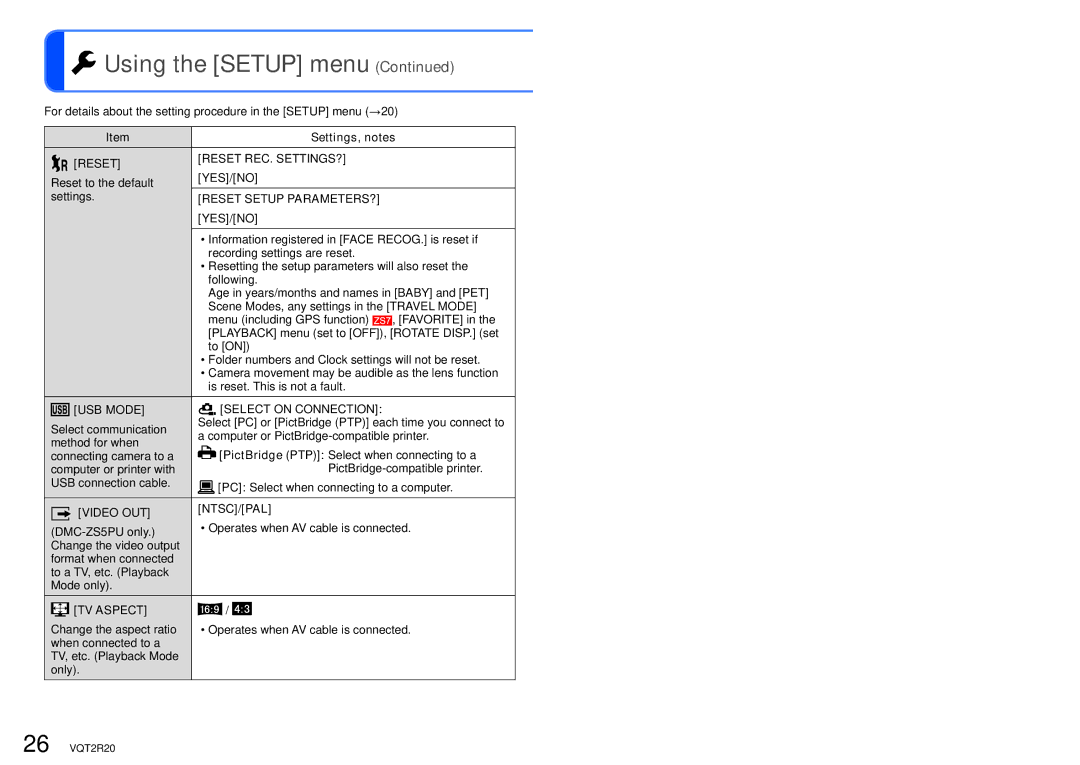 Panasonic DMC-ZS6 Reset Reset REC. SETTINGS?, Reset Setup PARAMETERS?, USB Mode Select on Connection, Video OUT NTSC/PAL 