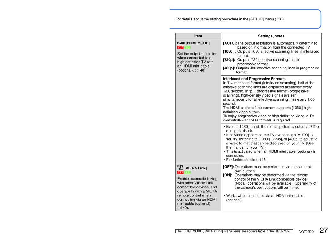 Panasonic DMC-ZS6 operating instructions Hdmi Mode, Interlaced and Progressive Formats, Viera Link 