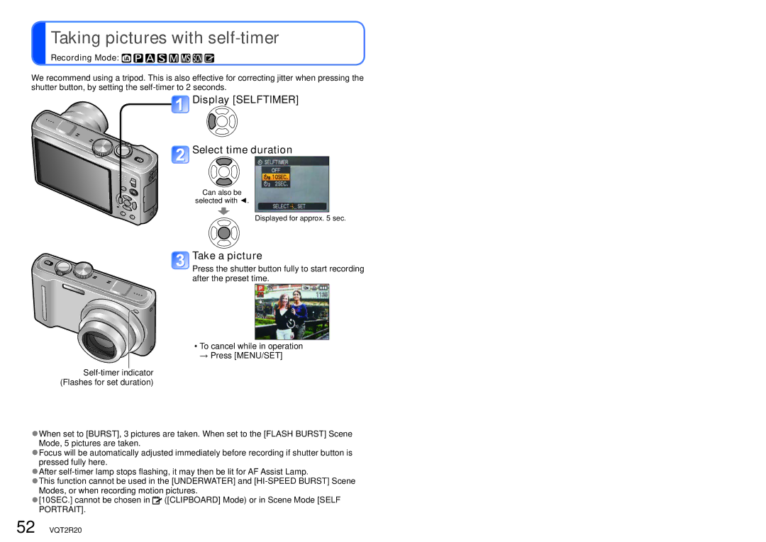 Panasonic DMC-ZS6 operating instructions Taking pictures with self-timer, Display Selftimer Select time duration 