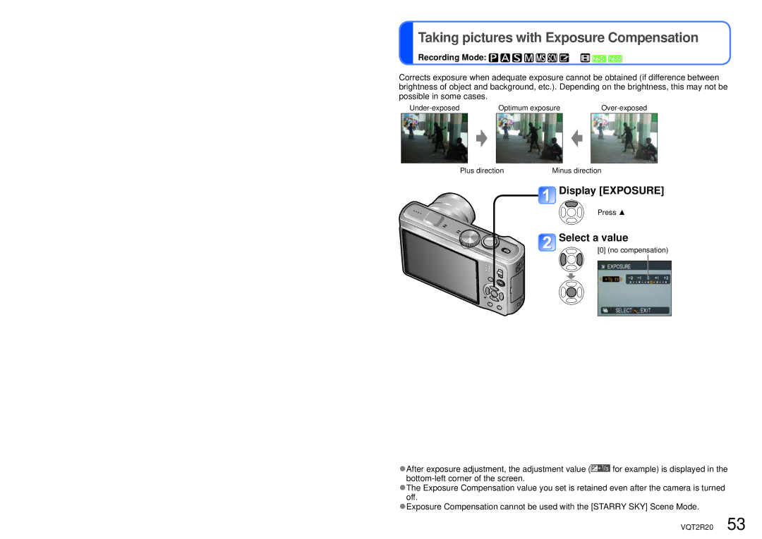 Panasonic DMC-ZS6 operating instructions Taking pictures with Exposure Compensation, Display Exposure, Select a value 