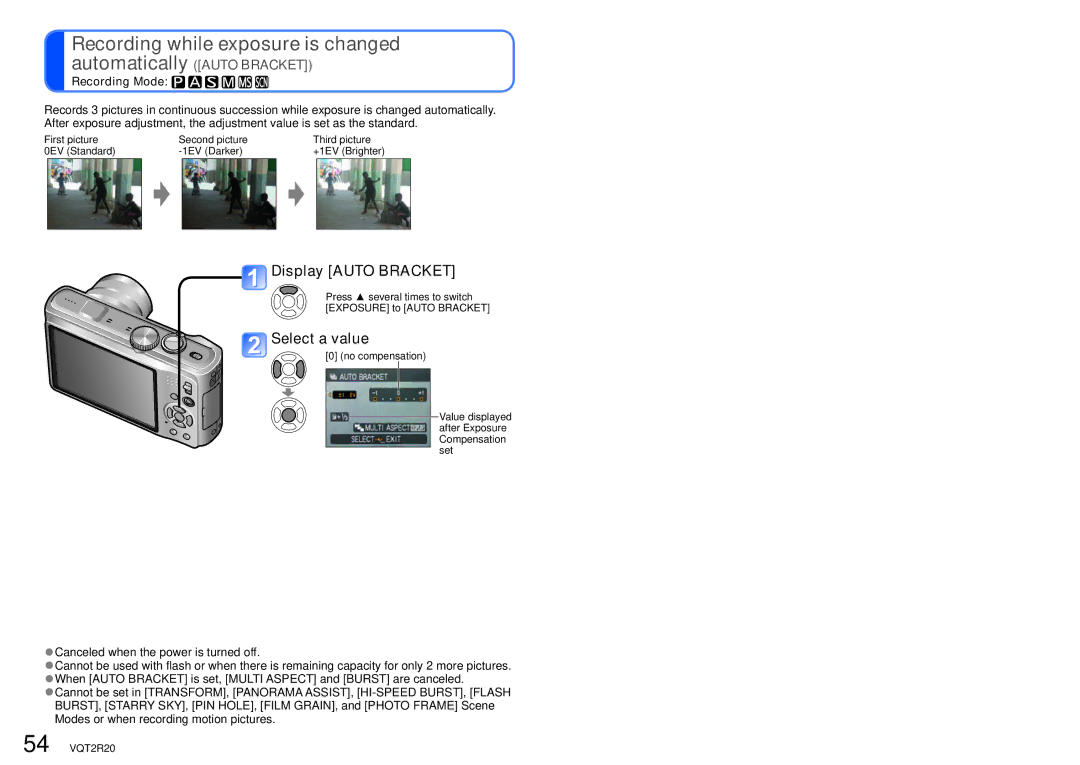 Panasonic DMC-ZS6 operating instructions Recording while exposure is changed, Display Auto Bracket 