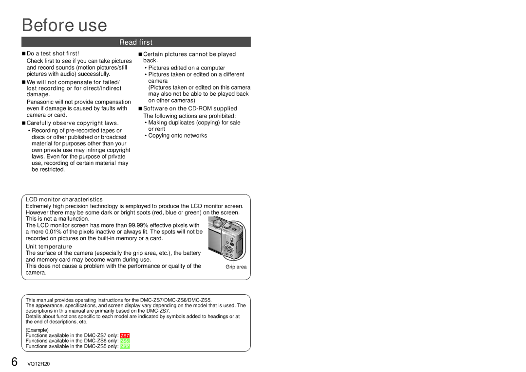 Panasonic DMC-ZS6 operating instructions Read first 