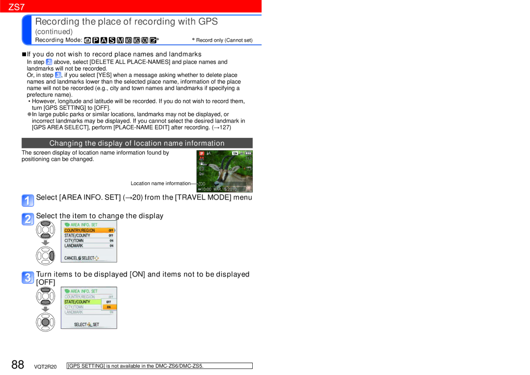 Panasonic DMC-ZS6 operating instructions Changing the display of location name information 