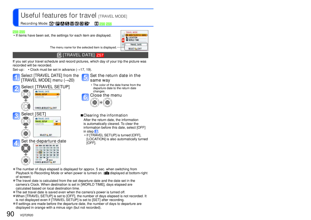 Panasonic DMC-ZS6 Useful features for travel Travel Mode, Select Travel Date from the Travel Mode menu →20 